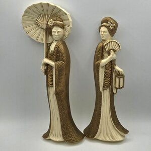 Vintage HODA 2 Geisha Girls Wall Hanging 1982 USA 6740 Ivory Gold Plastic Asian